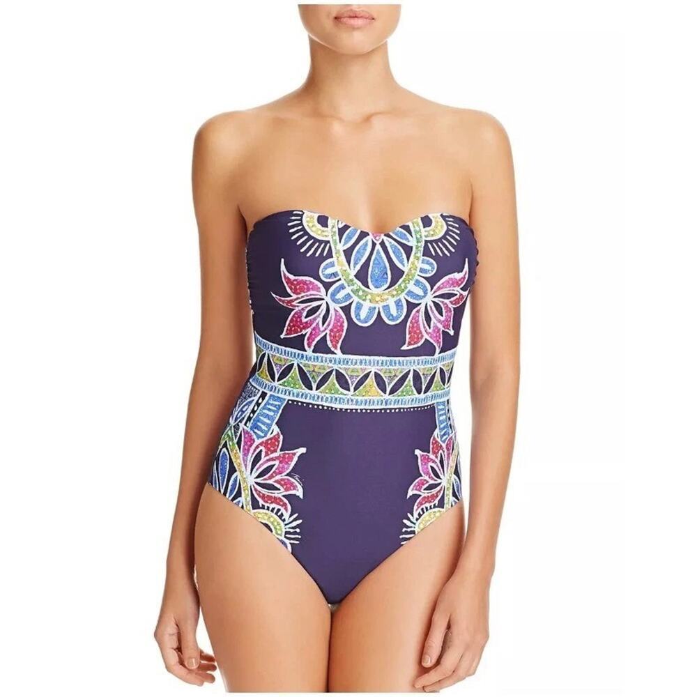Trina Turk Navy Blue Lotus Batik Bandeau One Piece Swimsuit Size 14 Open Back